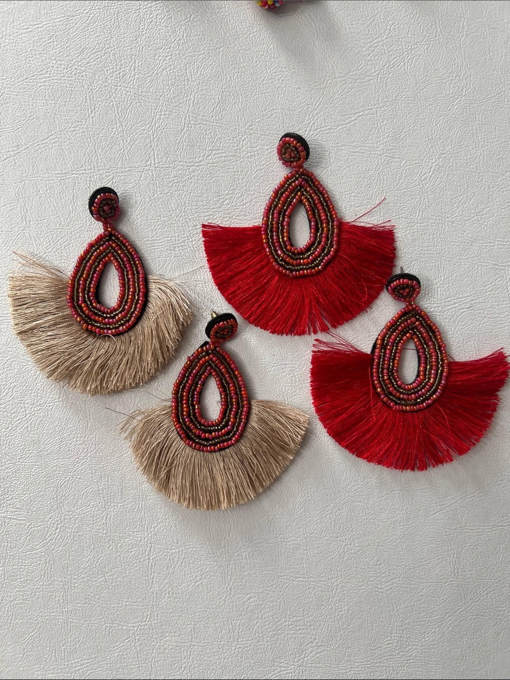 Beaded Fringe Teardrop Earrings - Red and Tan